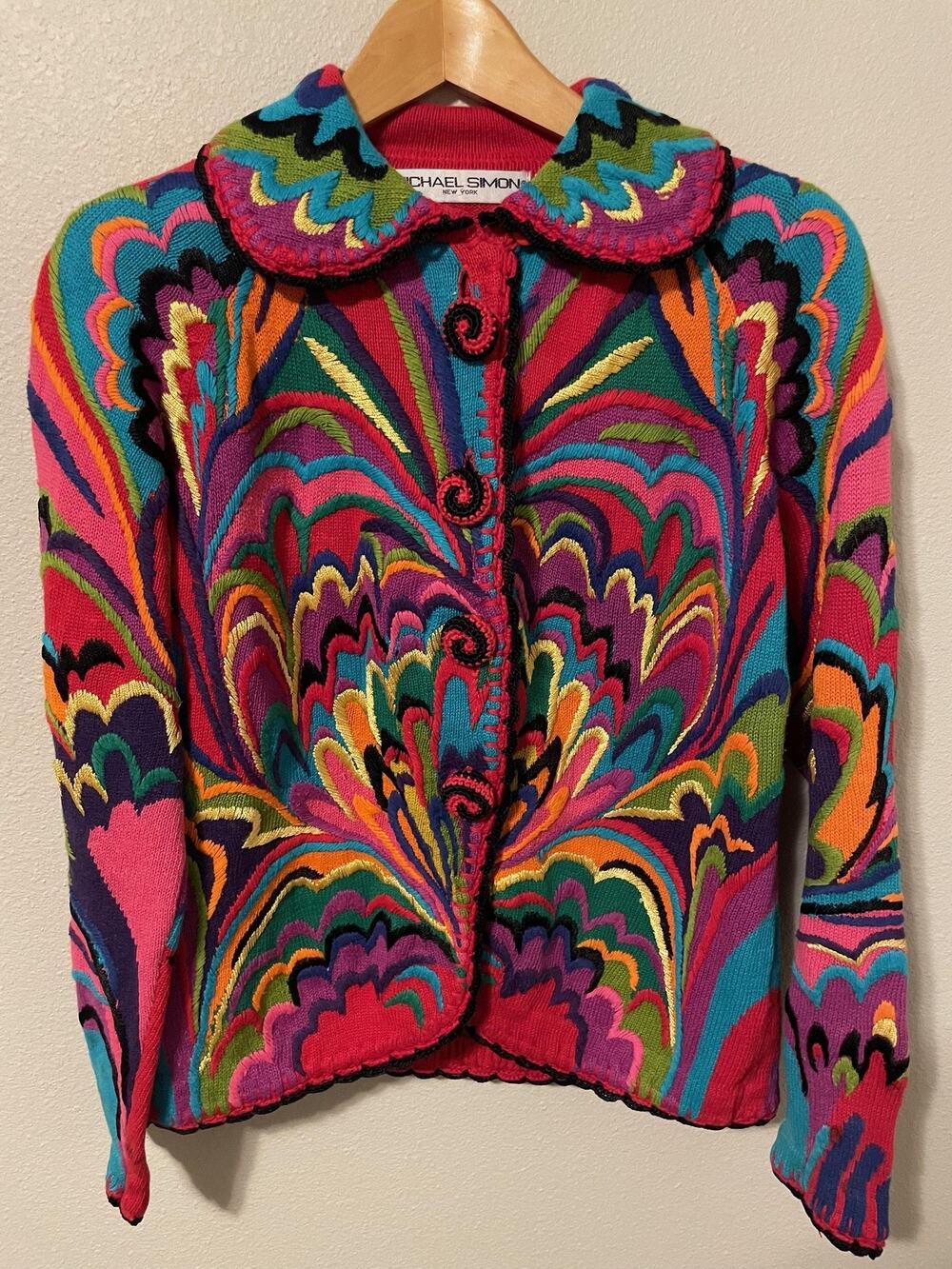 Vintage Michael Simon Womens M 3D Embroidered Flame Stitch Cardigan Sweater 1994